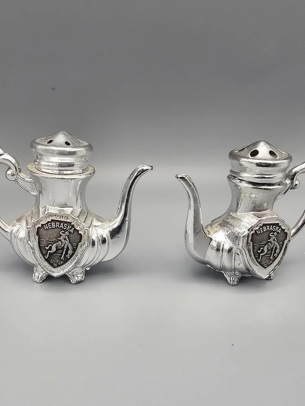 Vintage Nebraska Teapot Salt and Pepper Shakers Pair Silver Tone Souvenir
